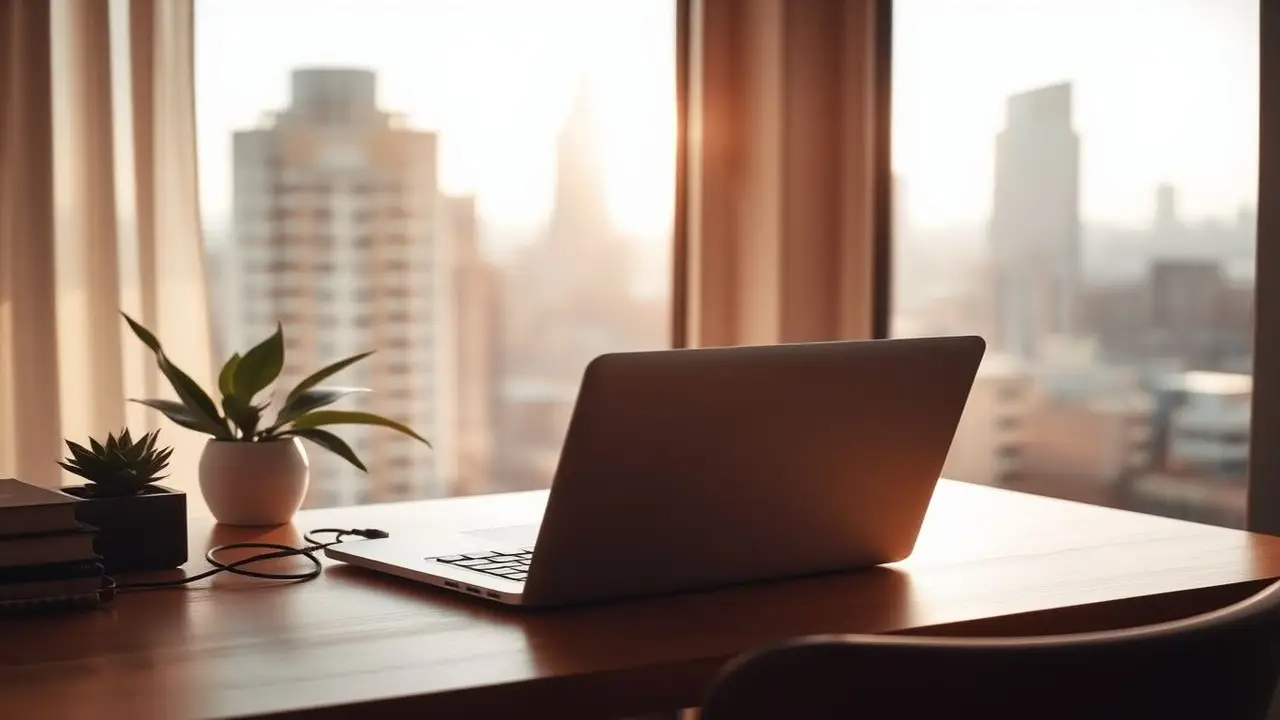 Contemplando posibilidades en un cálido escritorio urbano