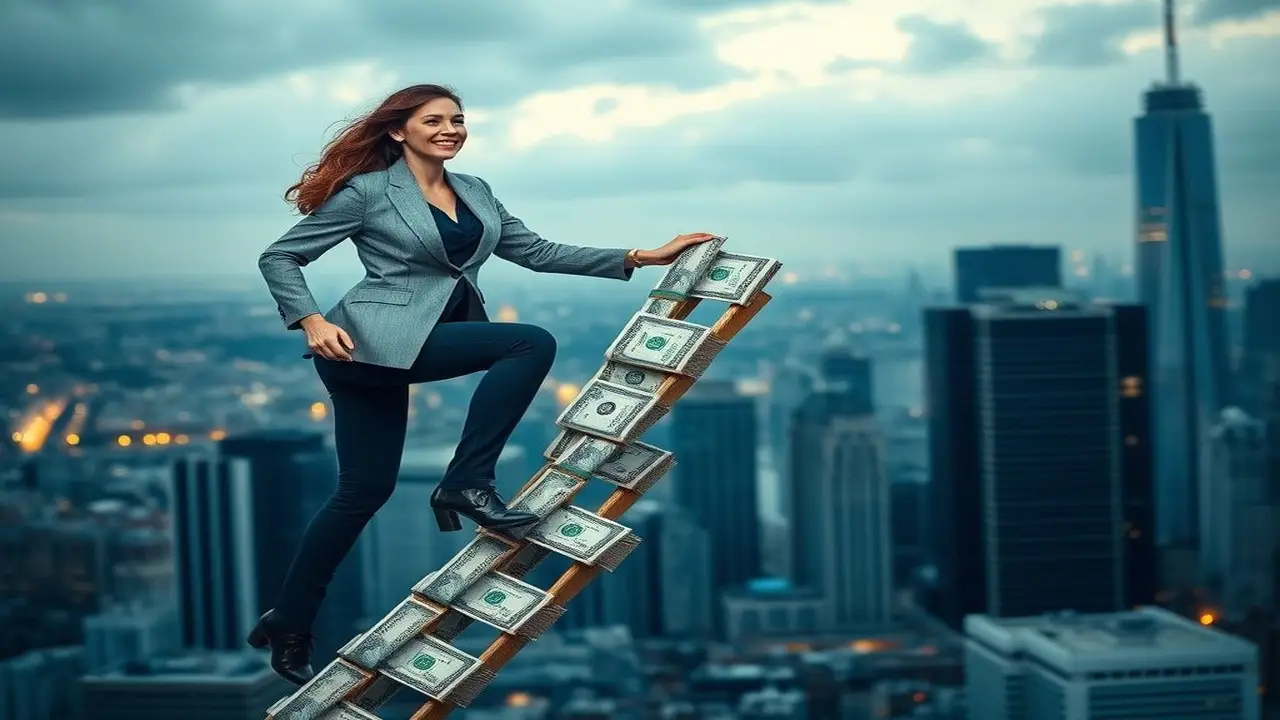 Mujer profesional asciende al éxito financiero