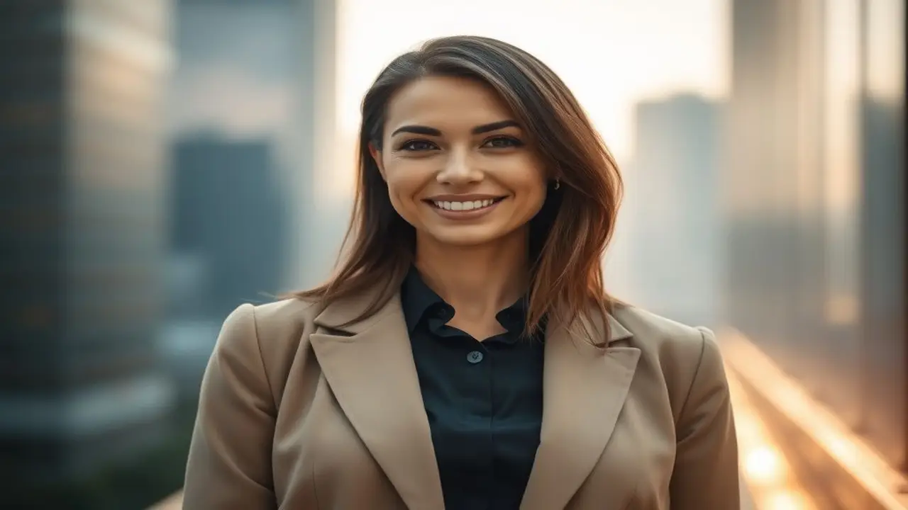 Mujer segura sonríe en ciudad cálida