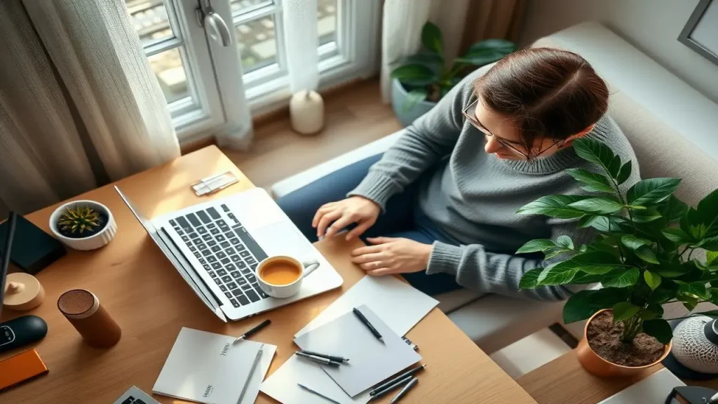 Oficina minimalista serena, café, planta, notas