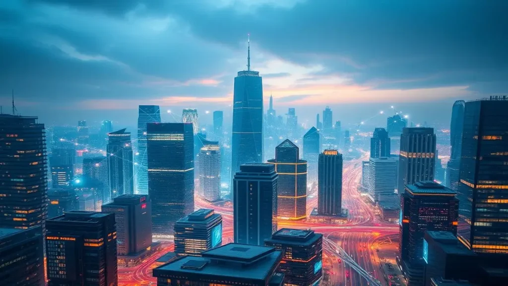 Ciudad futurista tecnológica, datos y IA