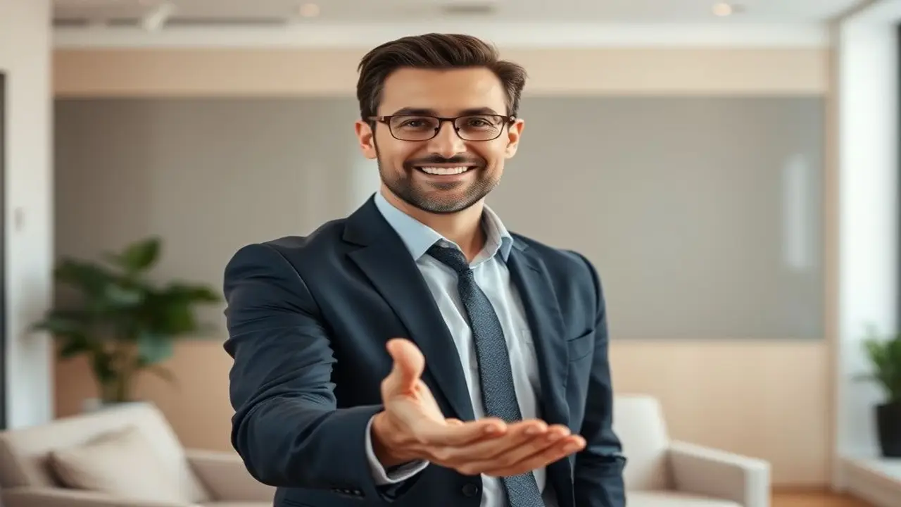 Profesional saluda; ambiente moderno y cálido