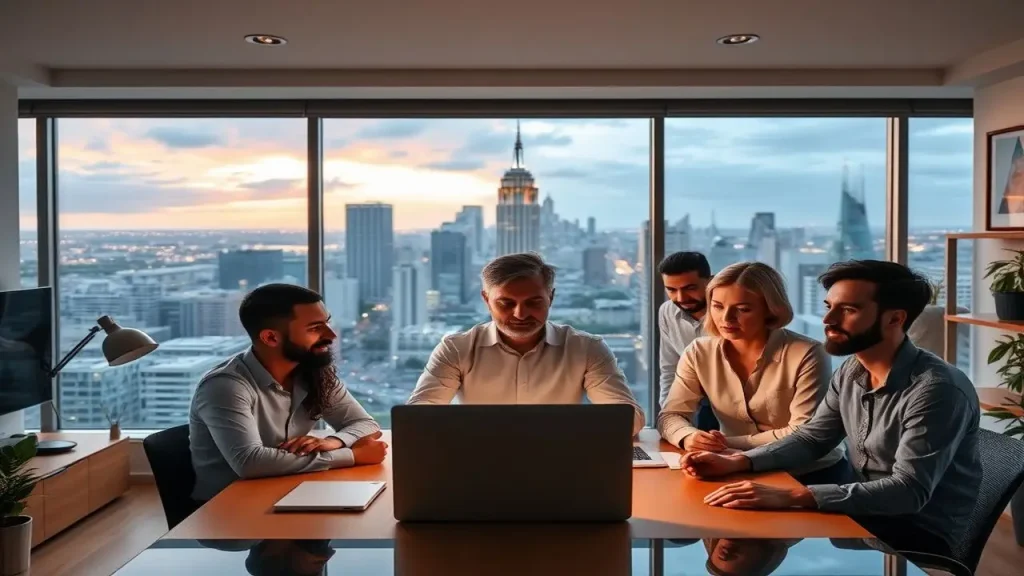 Oficina moderna, ciudad, naturaleza, equilibrio laboral, arte digital