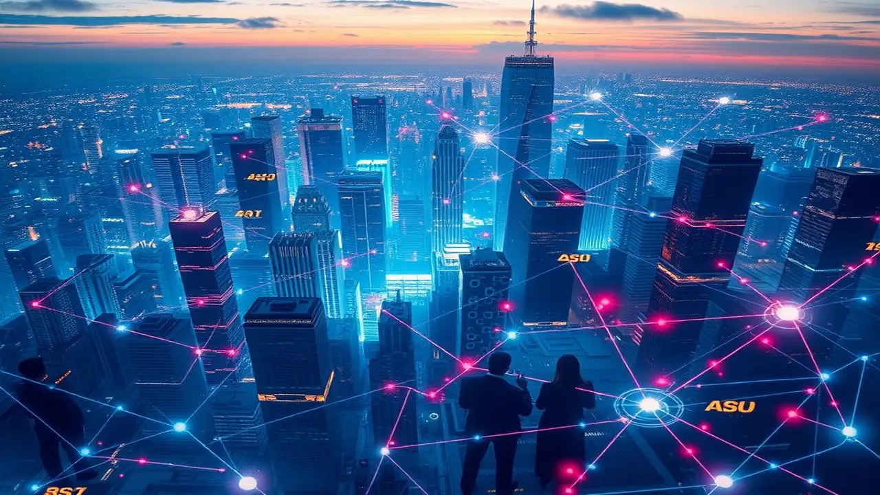 Ciudad futurista, tecnología vibrante y optimista